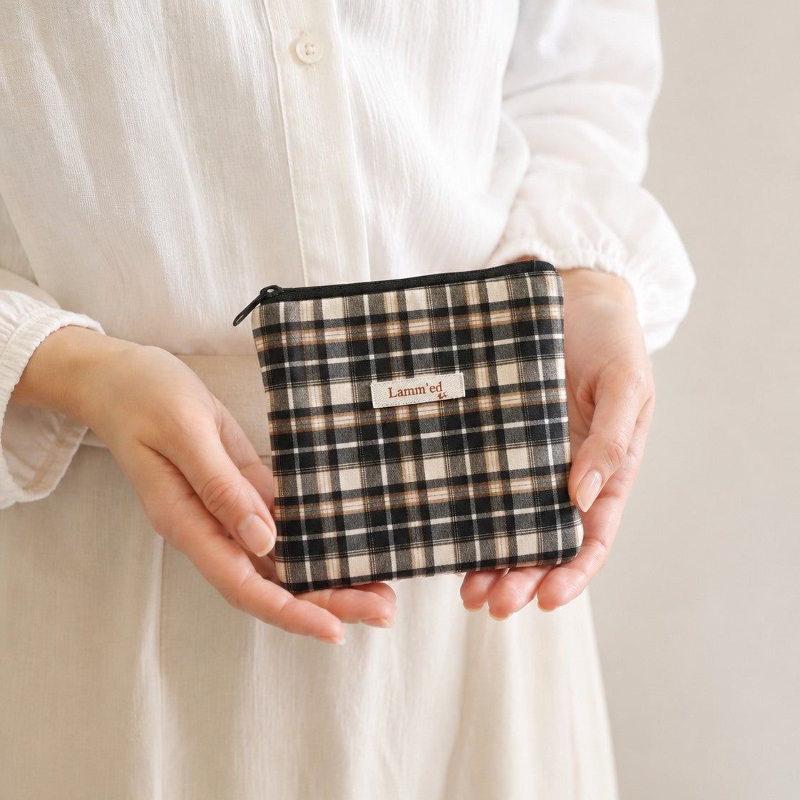 Handmade Brown-White Plaid Pouch – Upcycled from Second-Hand Clothes - LammedShop