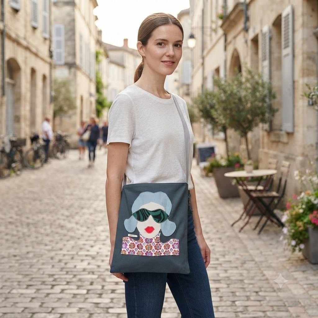Handmade "Pop-Art" Canvas Bag – Appliqué Woman's Portrait | One of a Kind - LammedShop