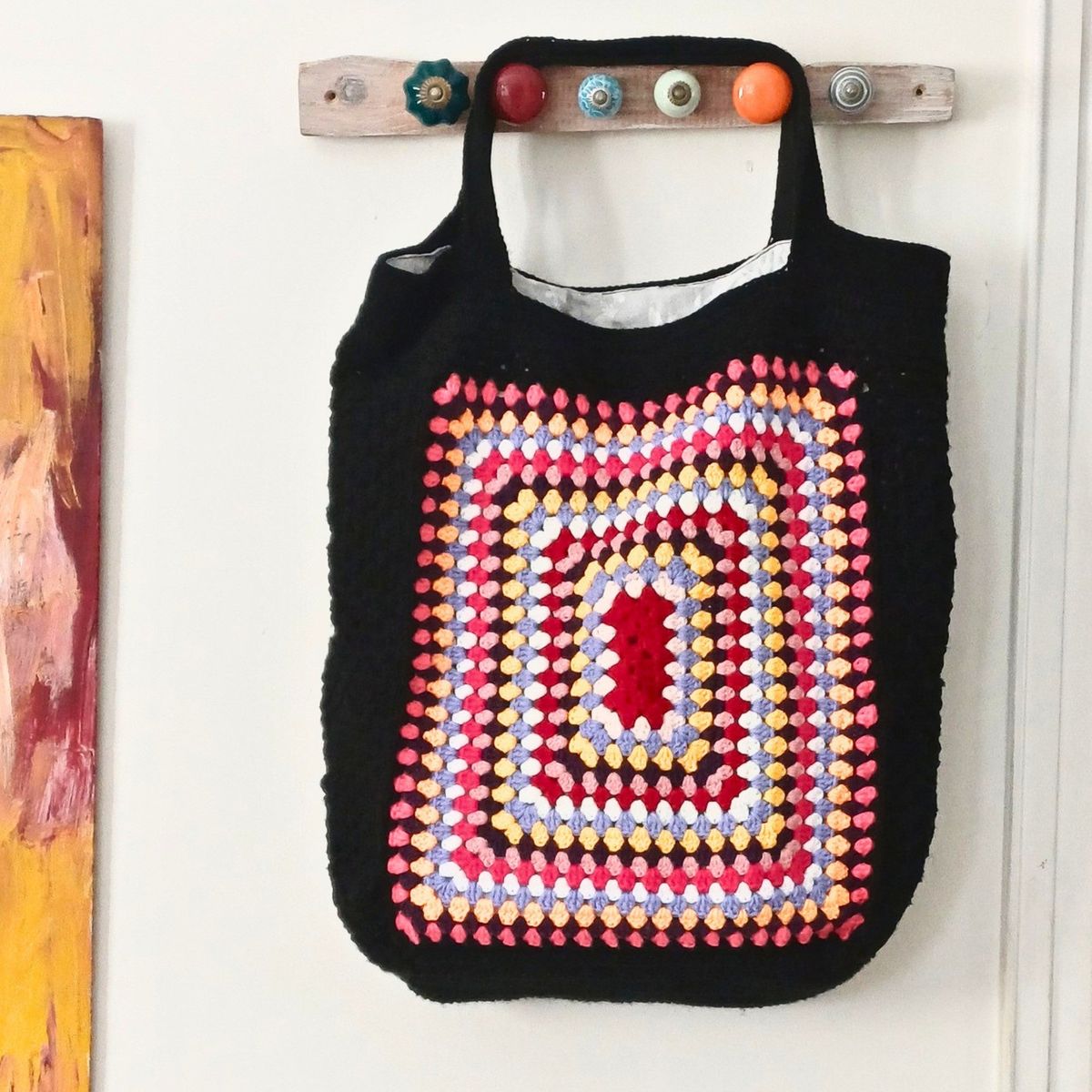 Handmade Crocheted Shoulder Bag – Black with Colorful Knitting. - LammedShop