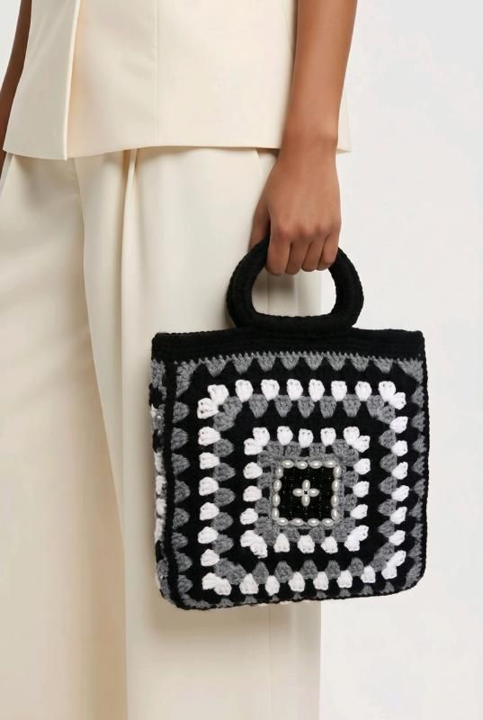 Granny Square Bag Adorned with Beads - Galinush Crafts