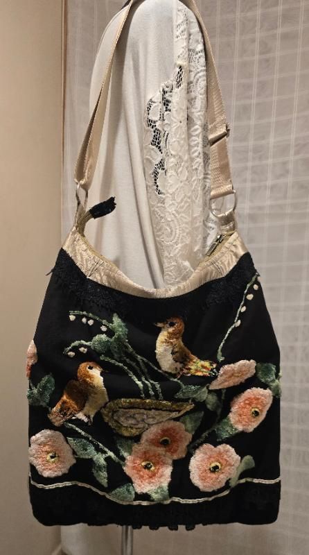 Upcycled Crossbody Bag – Vintage Bird Embroidery, Black Lace, Adjustable Strap (No. 021-005) - SHANSOL - Exclusive Fashion from Israel