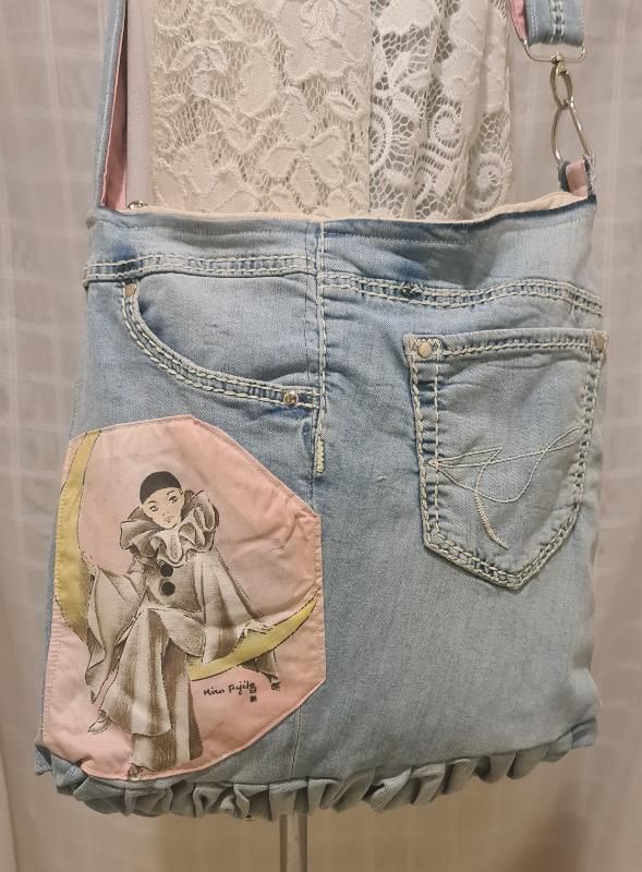Upcycled Denim Crossbody Bag with Vintage Mira Fujita Pierrot Illustration (No. 021-003) - SHANSOL - Exclusive Fashion from Israel