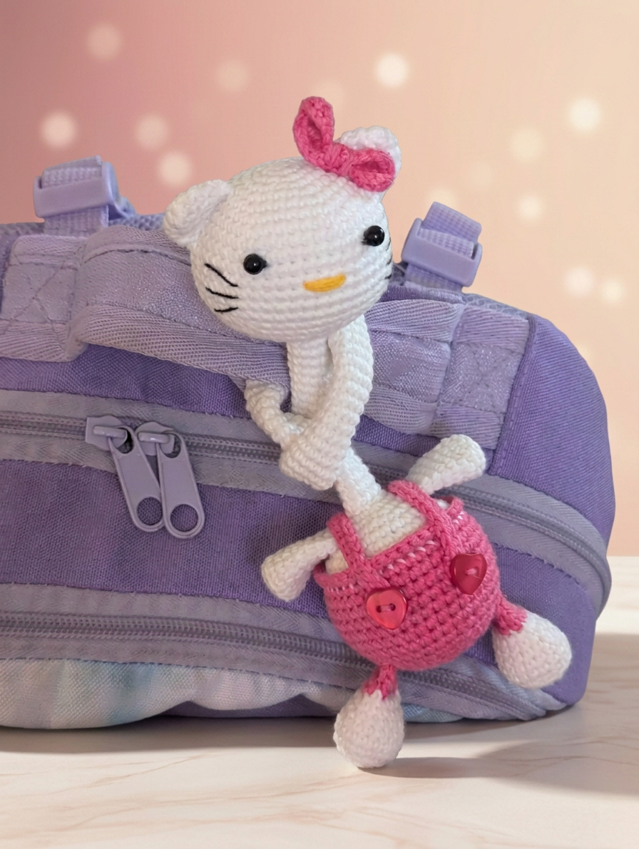 Handmade Knitted Hugging Bookmark for Backpack and Books "Hello Kitty" - Knitted joi Israel