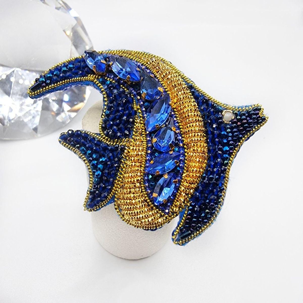 Handmade Blue Gold Fish Brooch,Embroidered Zodiac Brooch,Beaded Pisces jewelry, Christmas Gift For Her - CHUDAVABEADS