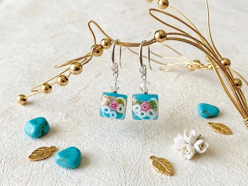 Turquoise Serenissima Fiorata & Swarovski crystal earrings. Sterling silver - Palm Seed Jewelry