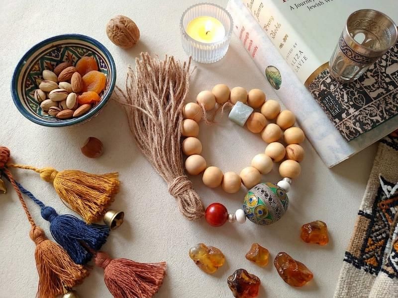Handmade rose scented wooden beaded garland with enameled Tagmoute bead - Palm Seed Jewelry