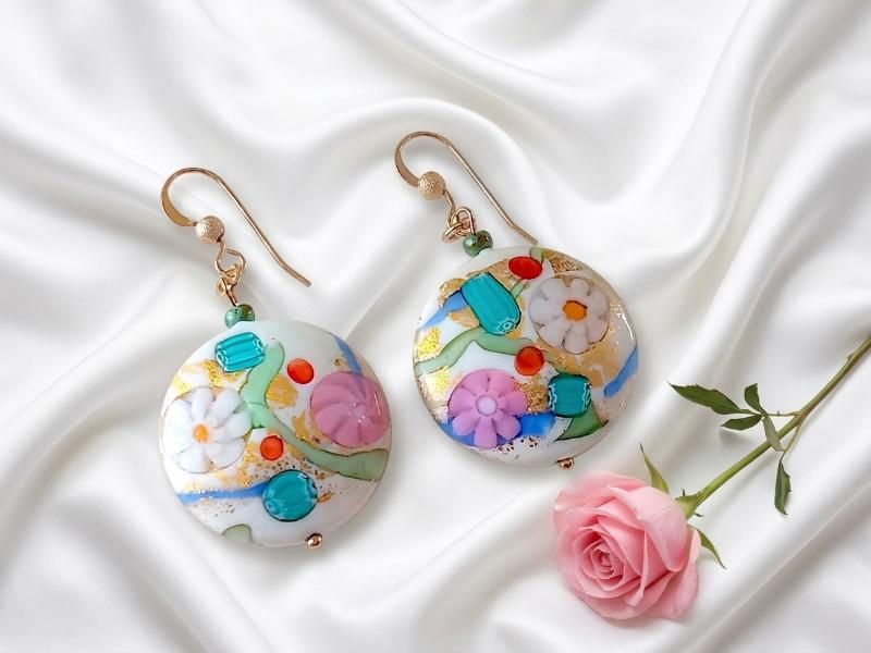 White Klimt Mosaic Collection Millefiori earrings. Gold filled - Palm Seed Jewelry