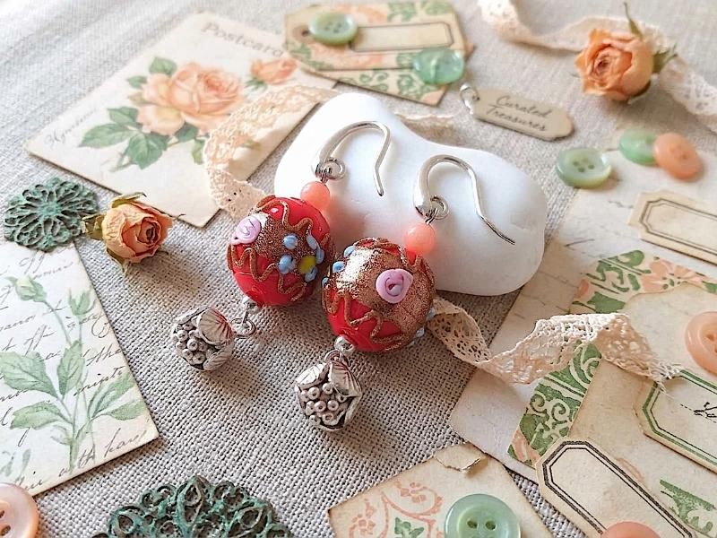 1950's Fiorata Wedding Cake & coral beads earrings. Sterling & Karen Hill Tribe silver - Palm Seed Jewelry