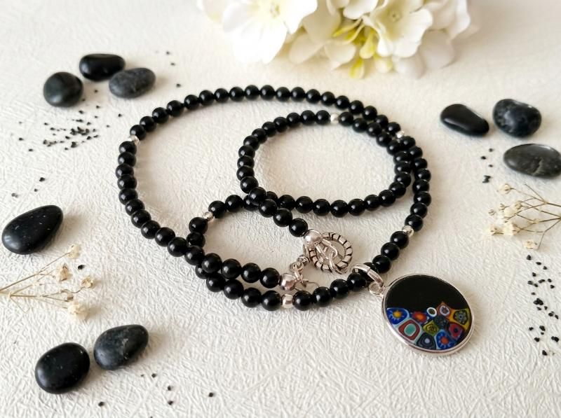 Jet beads & Murano glass Millefiori pendant necklace. Sterling silver - Palm Seed Jewelry
