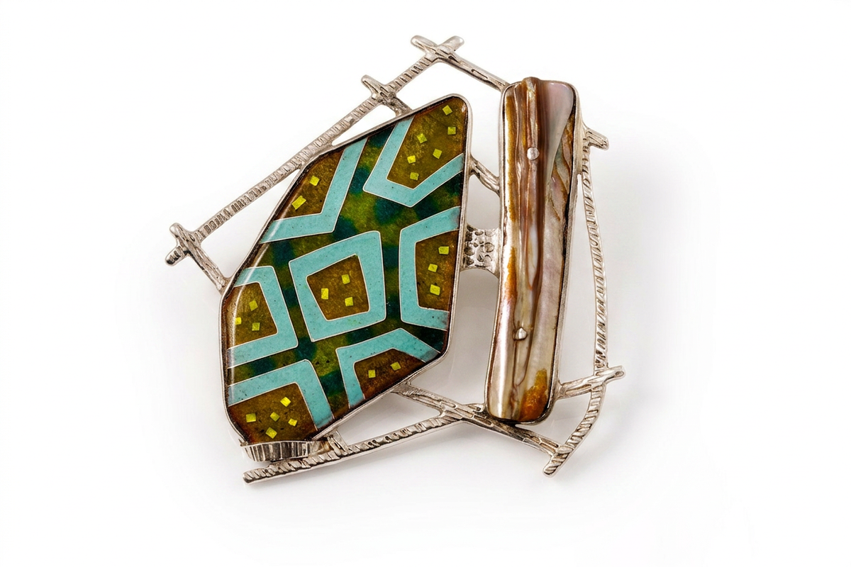 Water Lilies Lake - Handmade Silver Pendant-Brooch with Cloisonné Enamel and Natural Pearl - YULKA