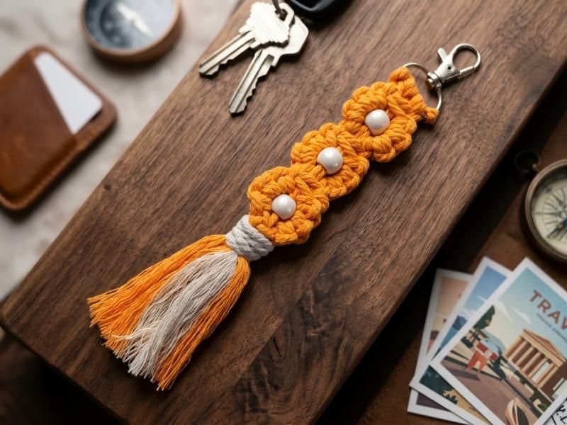Orange "Flowers" Macrame Keychain with Beads - JAZZMAFFIN