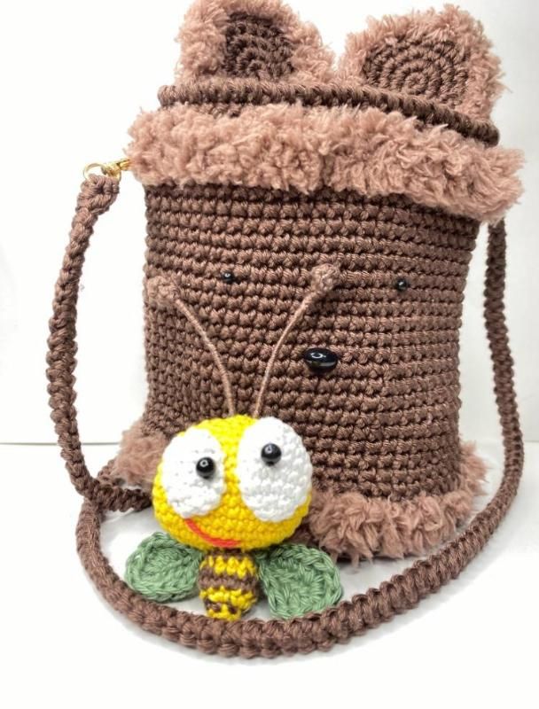 Crocheted Bear Bag with Bee Keychain – Handmade - KnitHookwithAlena