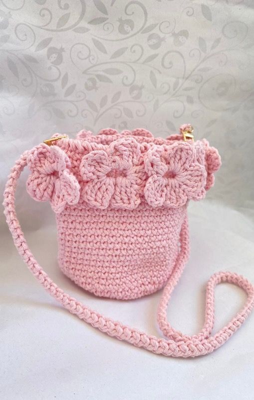 Pink Knitted Bag with Flowers for Girls - KnitHookwithAlena