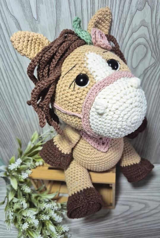 Handmade Crochet Horse Doll, Amigurumi Pony with Flower Headband, Cute Farm Animal Plush, Unique Handmade Gift - Crochet Toys By Elena