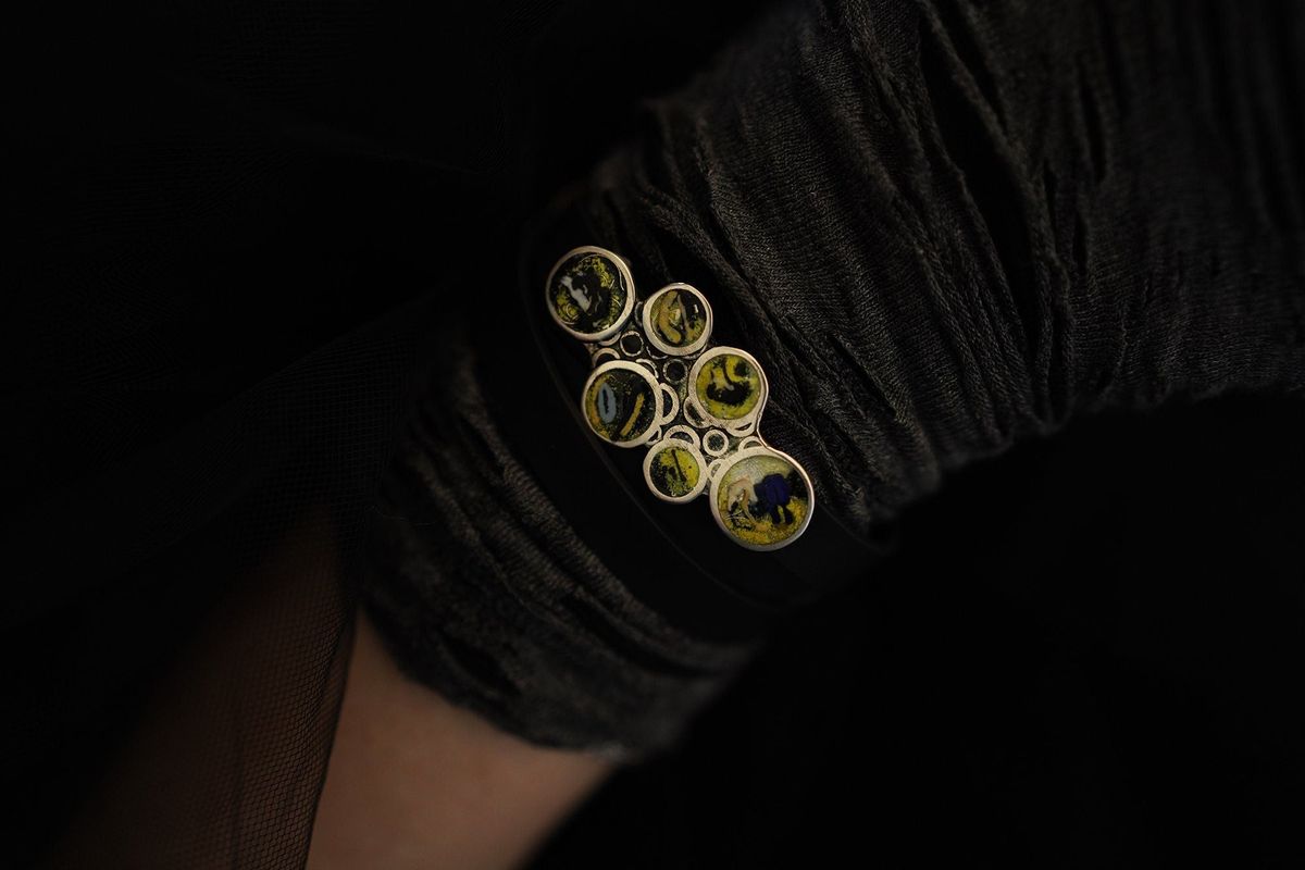 Life on the Moon - Handmade Silver Bracelet with Cloisonné Enamel and Silicone Band - YULKA